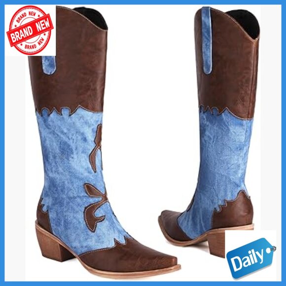Women's Denim Patchwork Knee High Cowboy Boots Chunky Heel Pull On